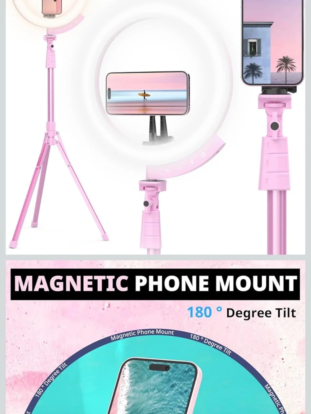 Pink LED Ring Light Floor Stand - Adjustable Tripod
